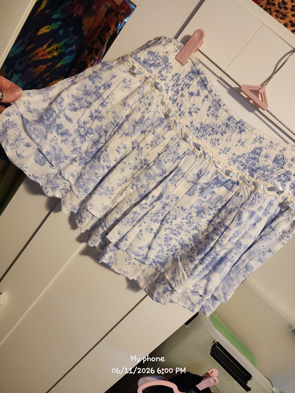 Hollister White & Light Blue Floral Smocked Mini Skort